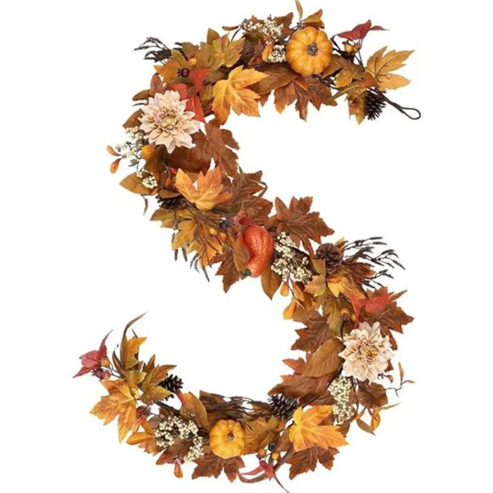 Fall Garland 6Ft Lifelike Autumn Maples Leaf Pumpkin Garland with Berries Pine